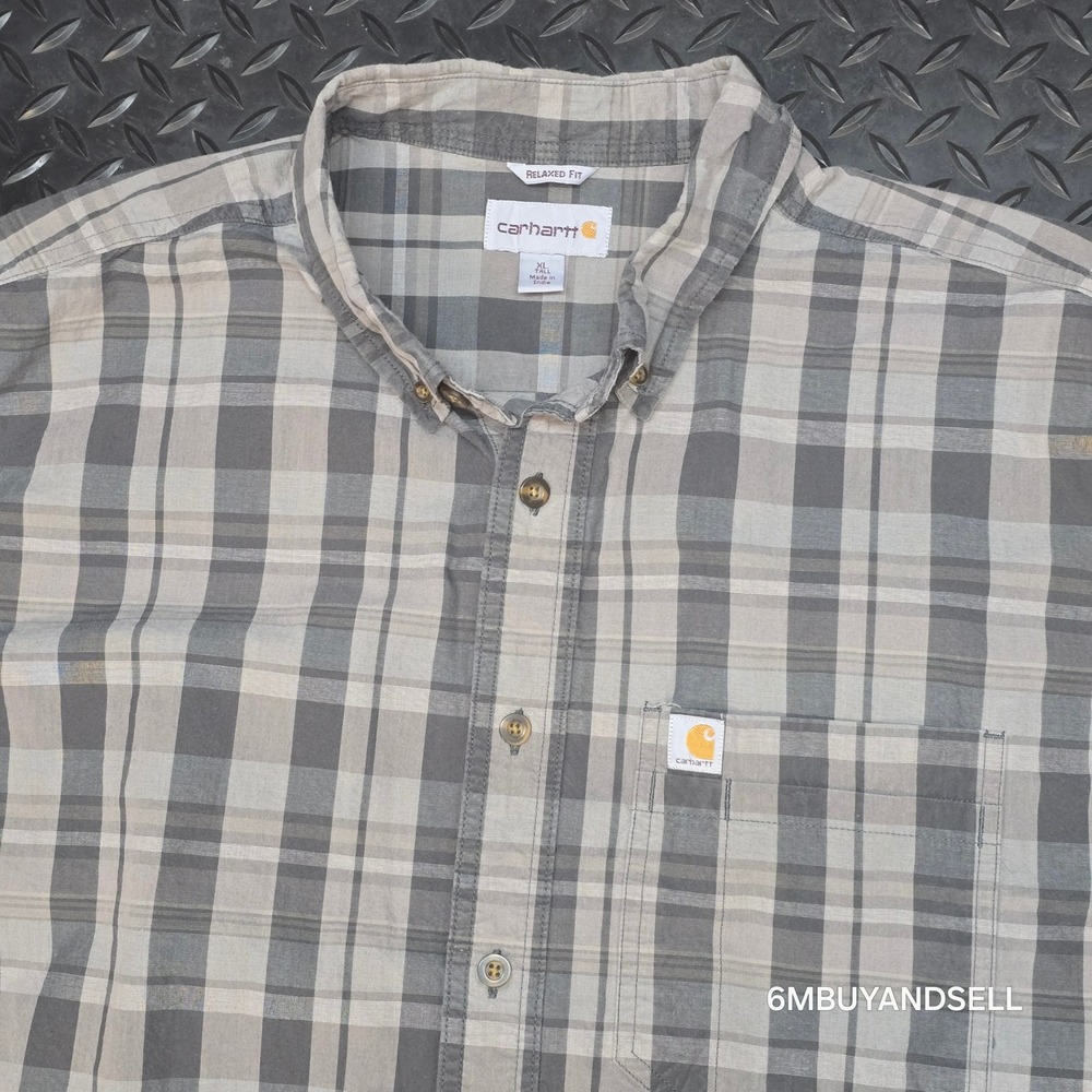 Carhartt Mens XL Tall Relaxed Fit Plaid Button Down Shirt Gray Tan 104444 029 - Picture 11 of 14